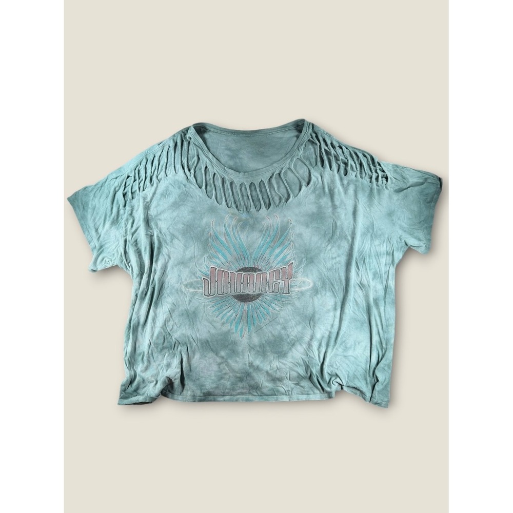 Journey Band Graphic T-Shirt Teal Tie Dye Distressed Ladder Cut Neckline Cotton